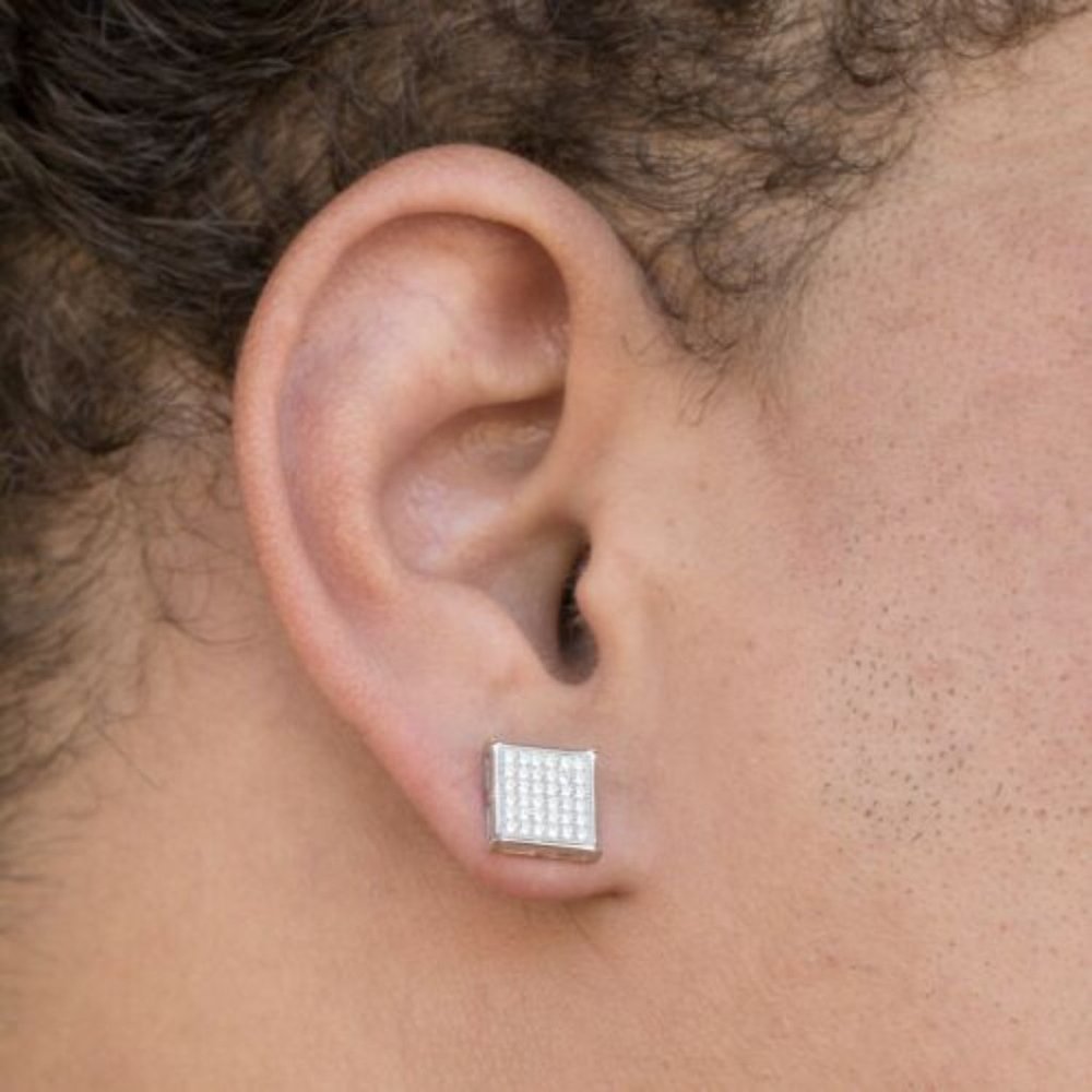 Unisex Silver Plated CZ Square Stud Earrings - Picture 6 of 7